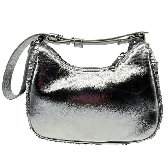 Nicole Miller Silver Sequin Shiny Strap Shoulder Bag Purse Logo Formal Dressy - Picture 4 of 8